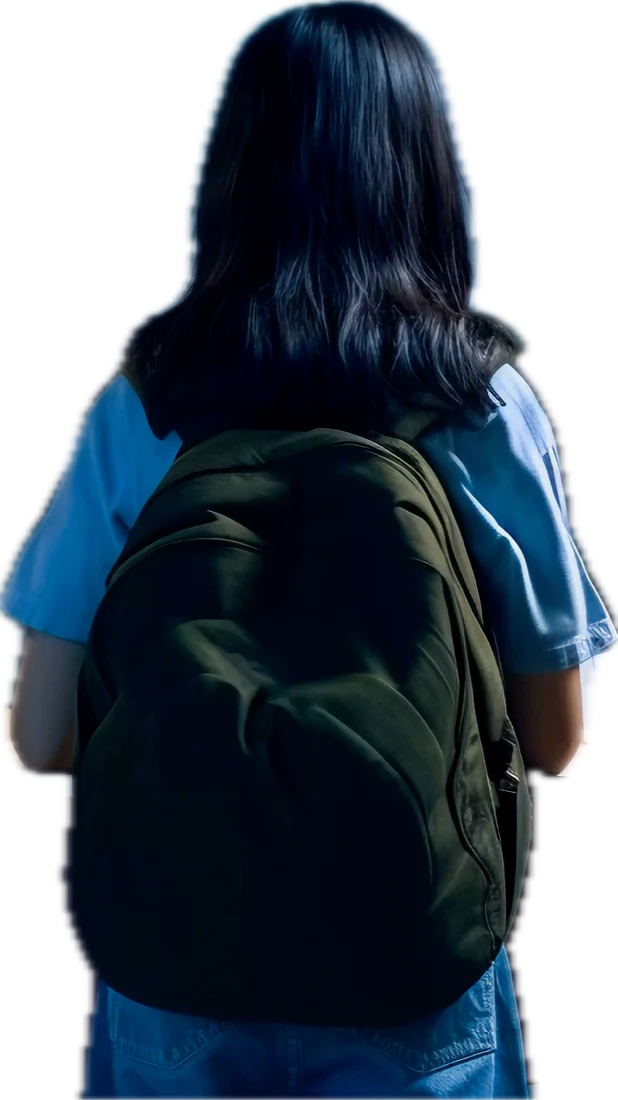 A girl with a backpack, seen from behind, facing a wall of the 12 career worlds.