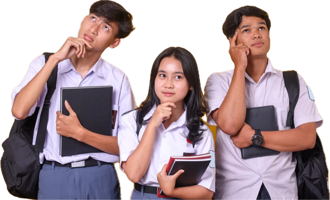 Three students in school uniform, each thinking, one with a hand on her chin.